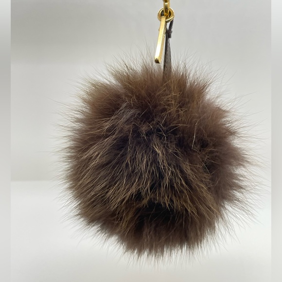Fendi Brown Fur Pom Pom Bag Charm on leather strap with gold hardware - Picture 9 of 10